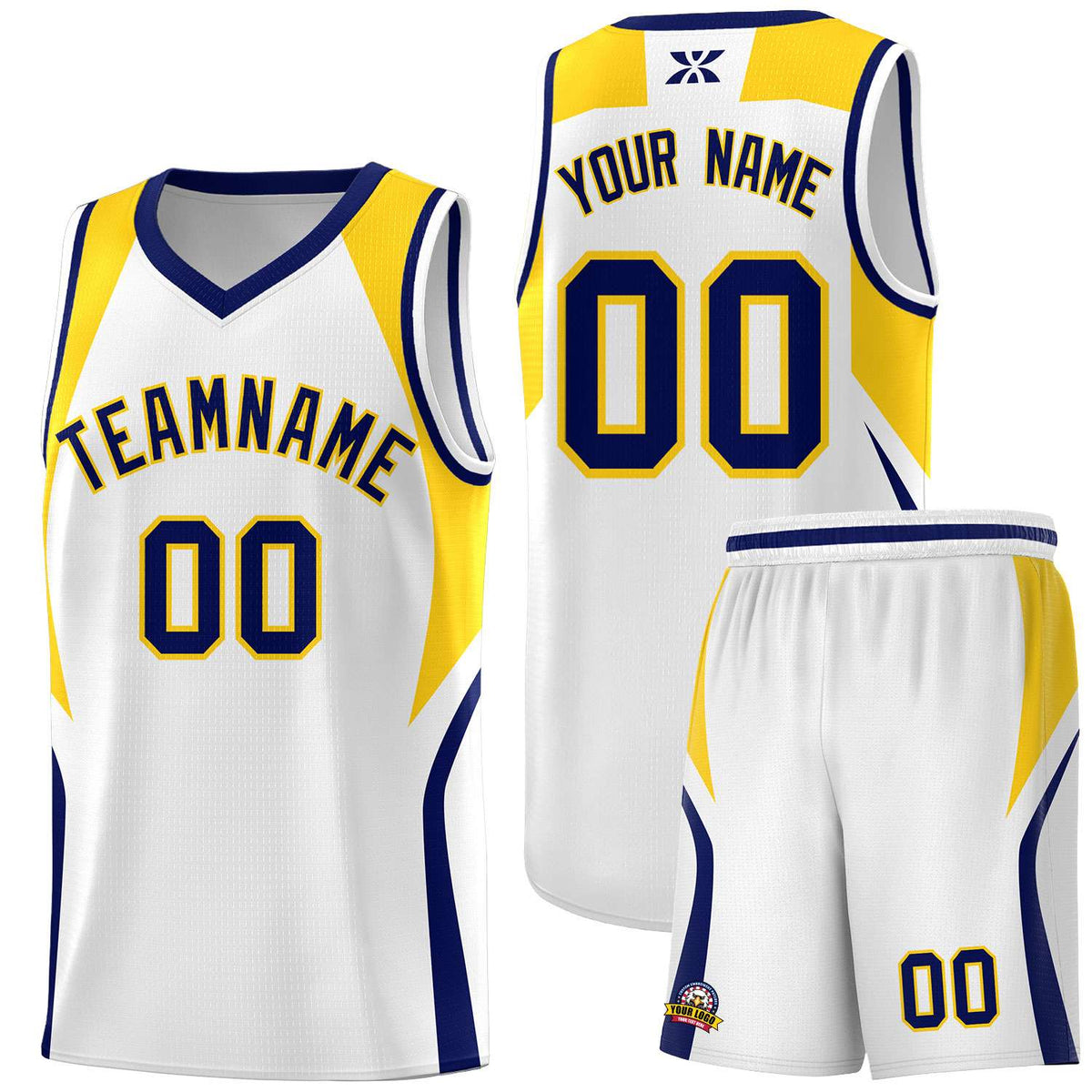 Custom White Navy and Gold Color Block Sports Uniform Basketball Jersey