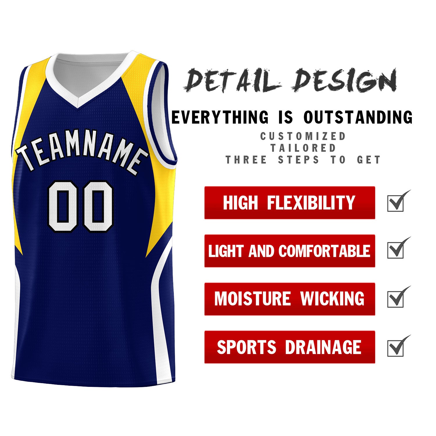 Custom Navy Gold and White Color Block Sports Uniform Basketball Jersey