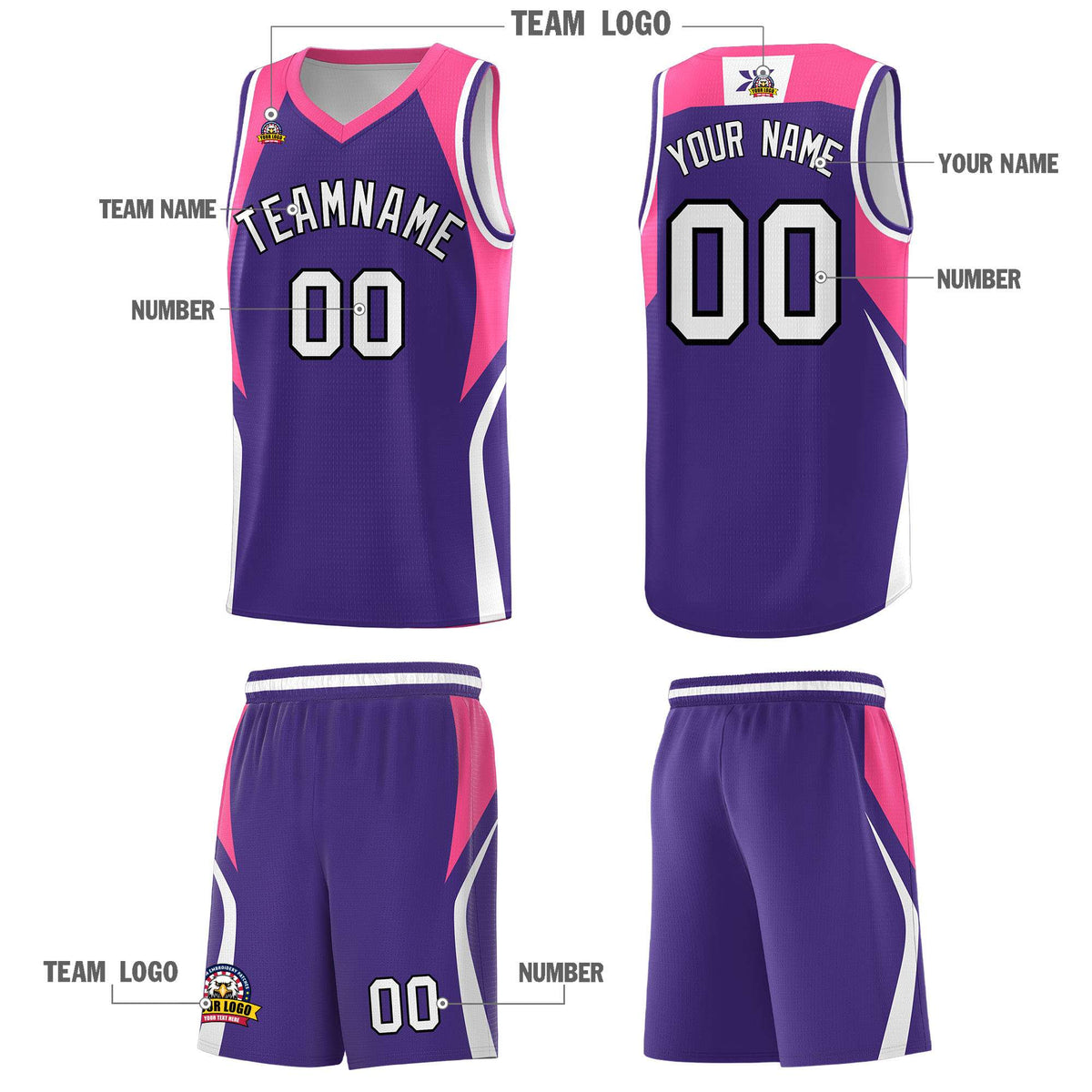 Custom Purple Pink and White Color Block Sports Uniform Basketball Jersey