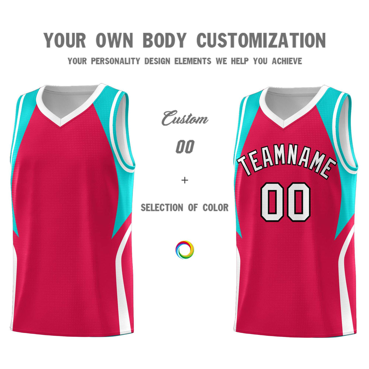 Custom Red Aqua and White Color Block Sports Uniform Basketball Jersey