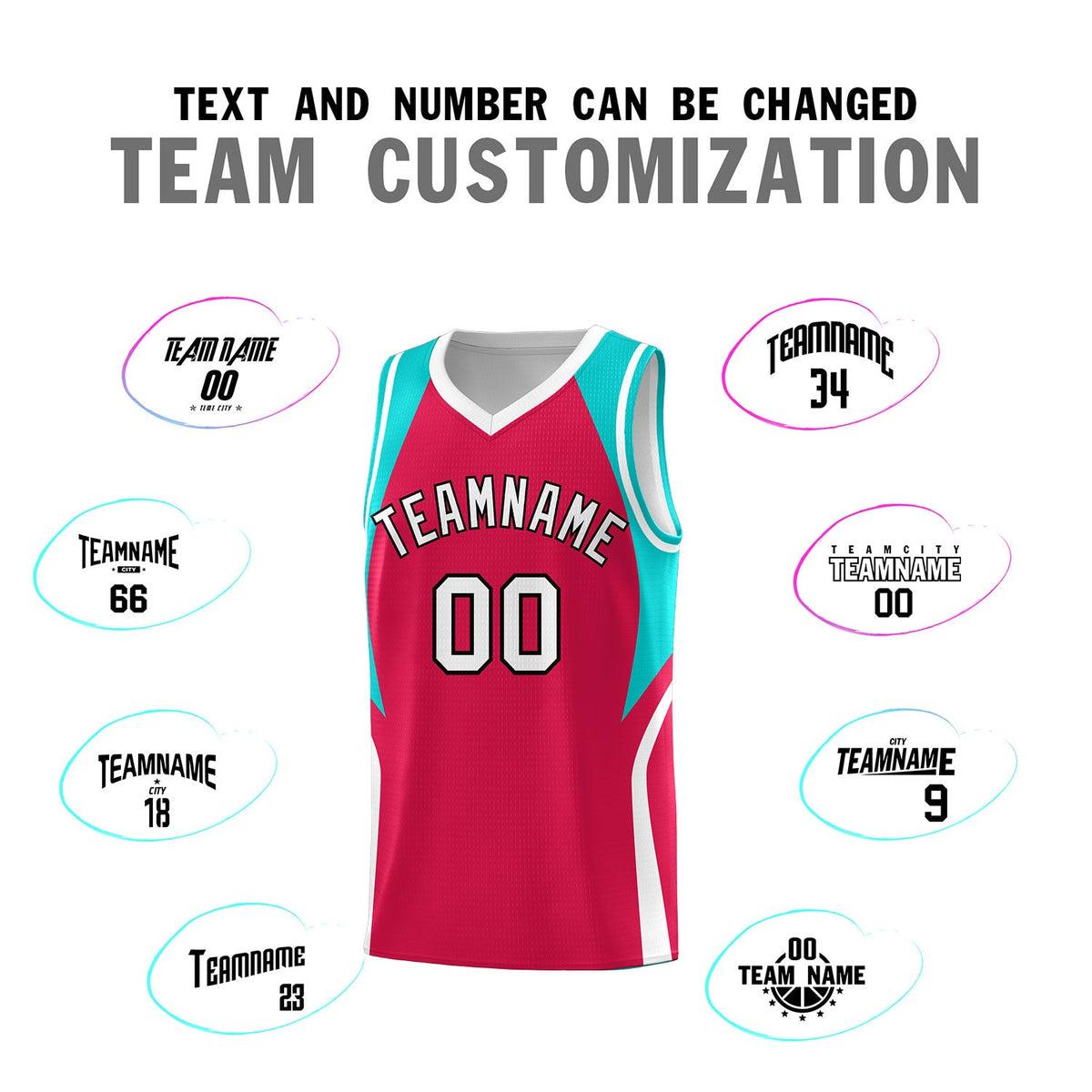 Custom Red Aqua and White Color Block Sports Uniform Basketball Jersey