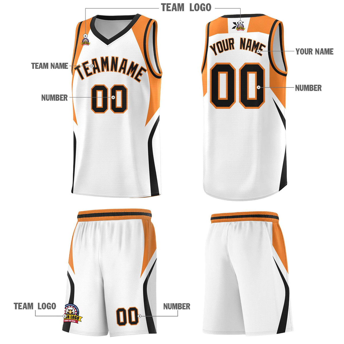Custom White Gold Orange and Black Color Block Sports Uniform Basketball Jersey