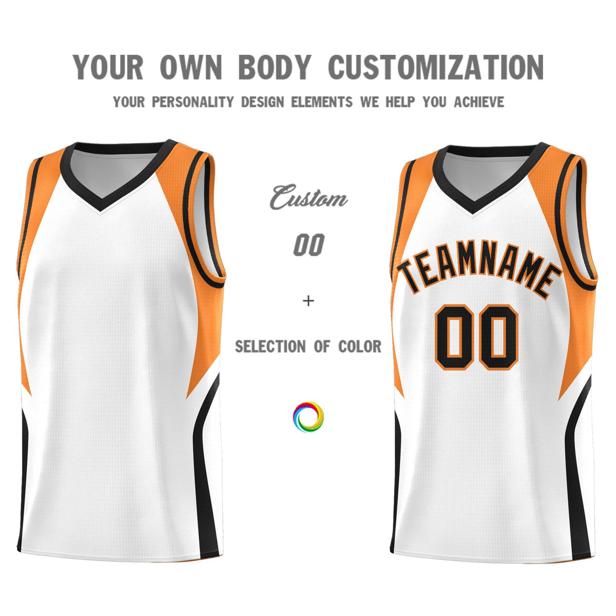 Custom White Gold Orange and Black Color Block Sports Uniform Basketball Jersey