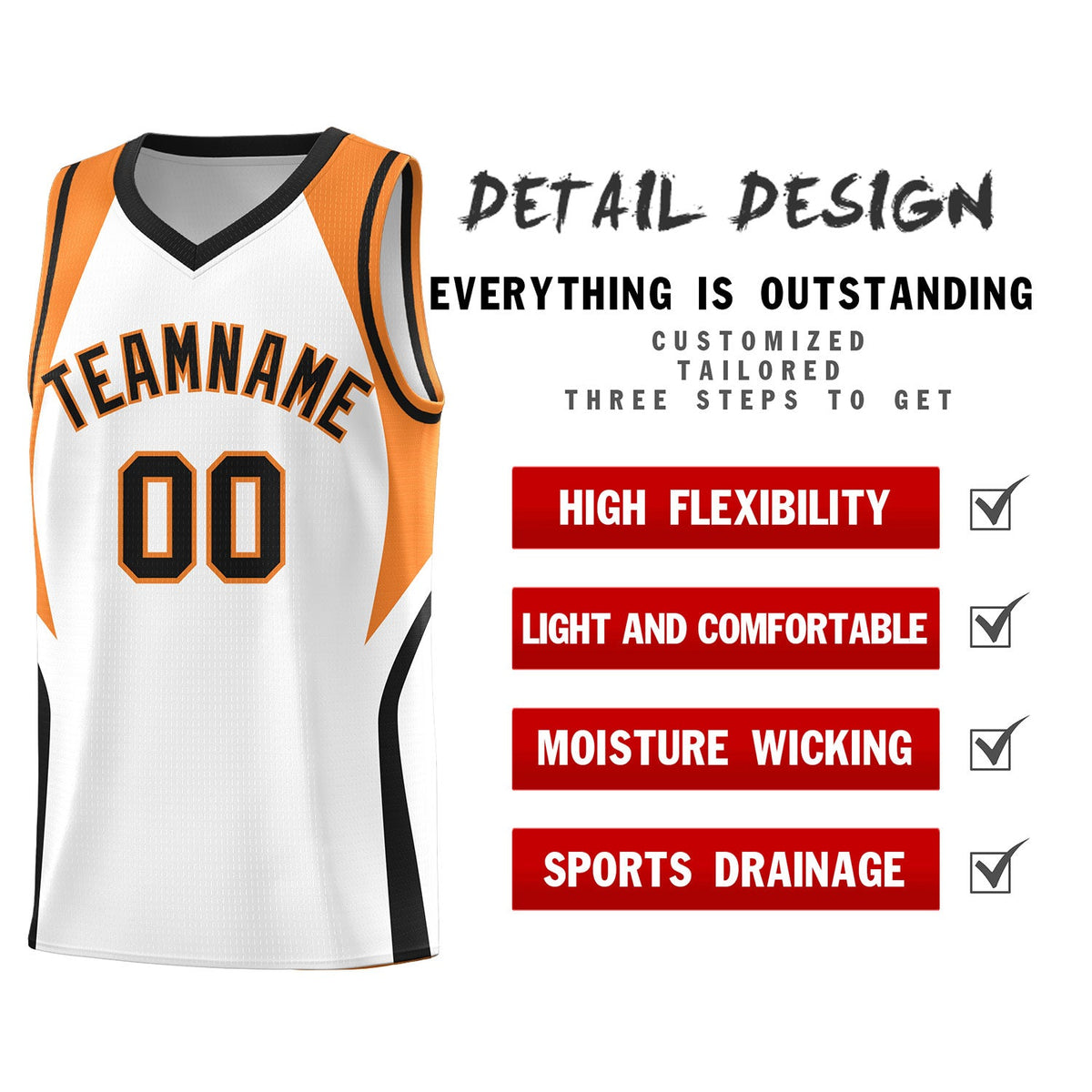 Custom White Gold Orange and Black Color Block Sports Uniform Basketball Jersey