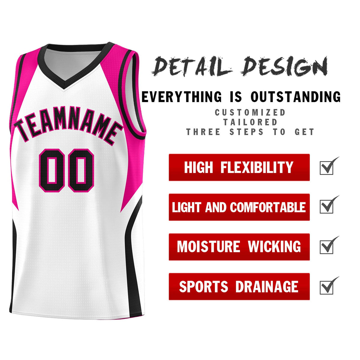 Custom White Pink and Black Color Block Sports Uniform Basketball Jersey