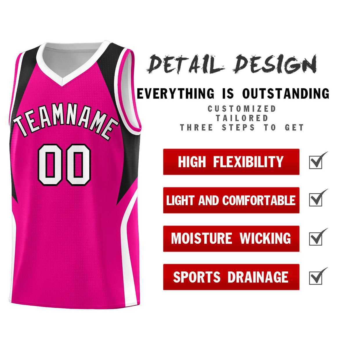 Custom Pink Black and White Color Block Sports Uniform Basketball Jersey
