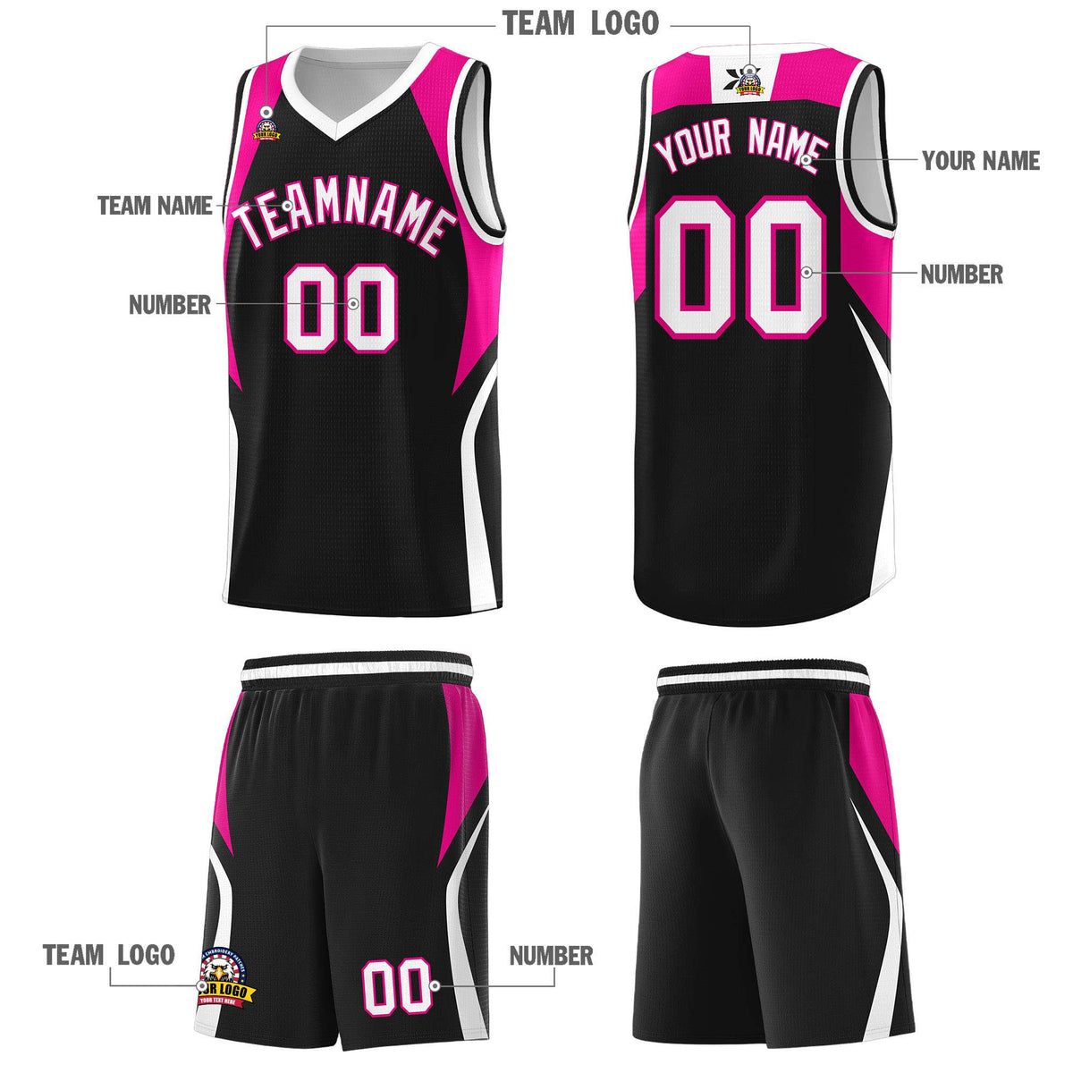 Custom Black Pink and White Color Block Sports Uniform Basketball Jersey