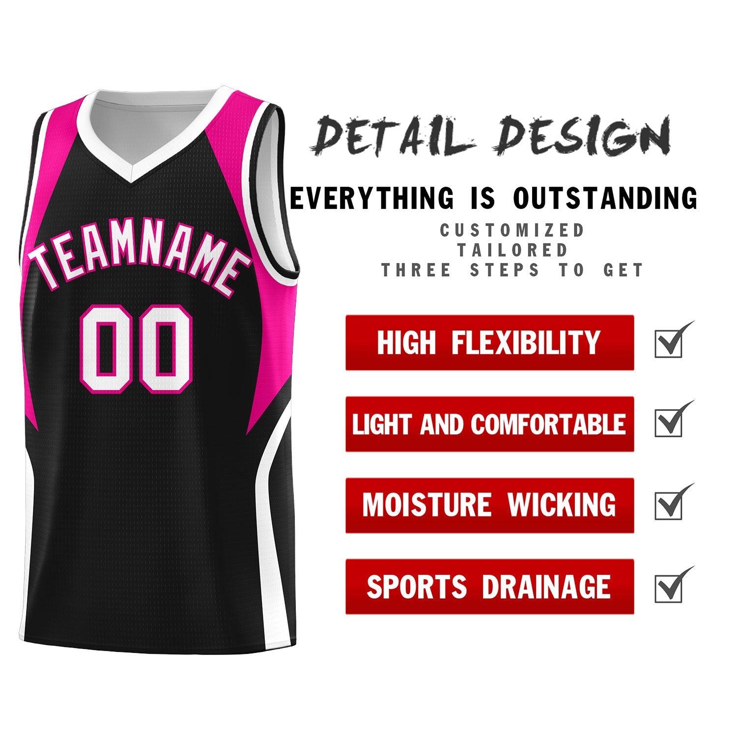 Custom Black Pink and White Color Block Sports Uniform Basketball Jersey
