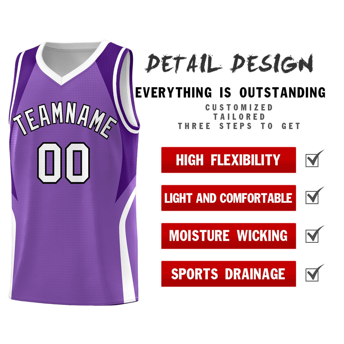 Custom Light Purple Purple and White Color Block Sports Uniform Basketball Jersey