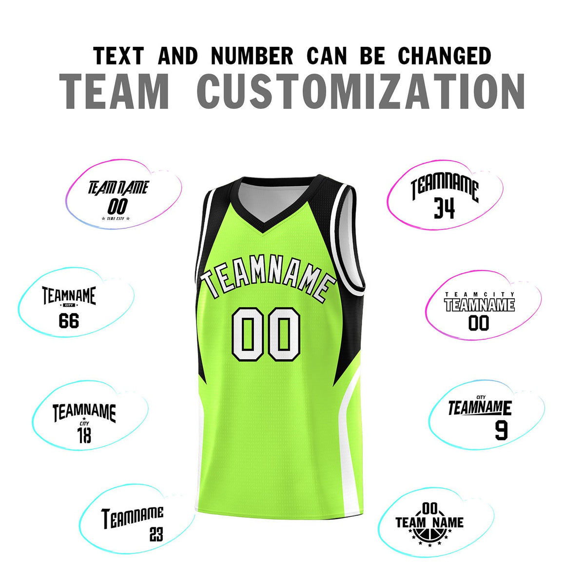 Custom Fluorescent Green Black and White Color Block Sports Uniform Basketball Jersey