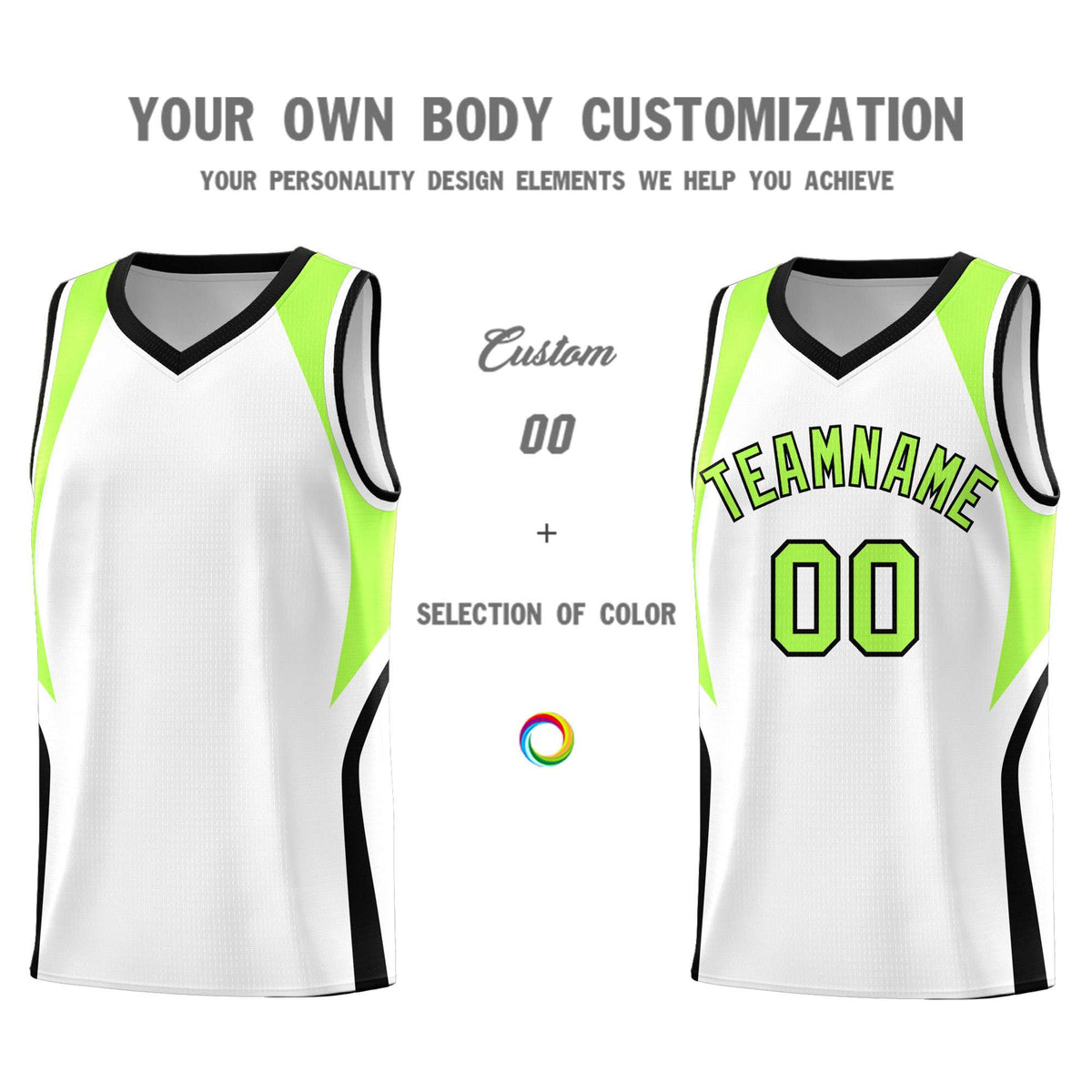 Custom White Fluorescent Green and Black Color Block Sports Uniform Basketball Jersey