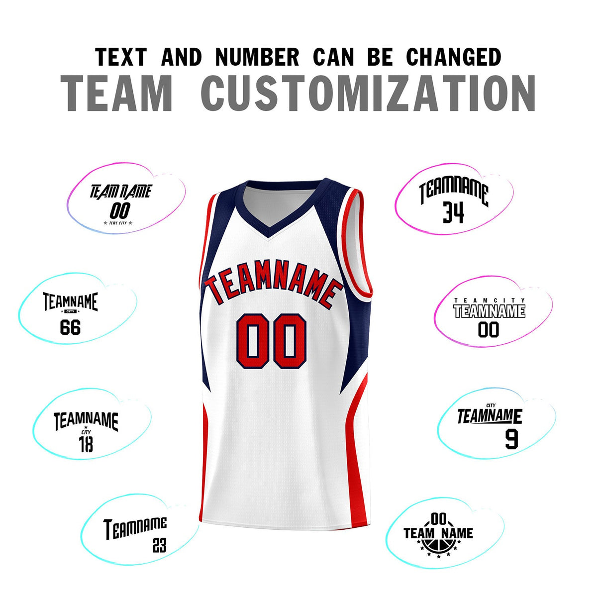 Custom White Navy and Red Color Block Sports Uniform Basketball Jersey