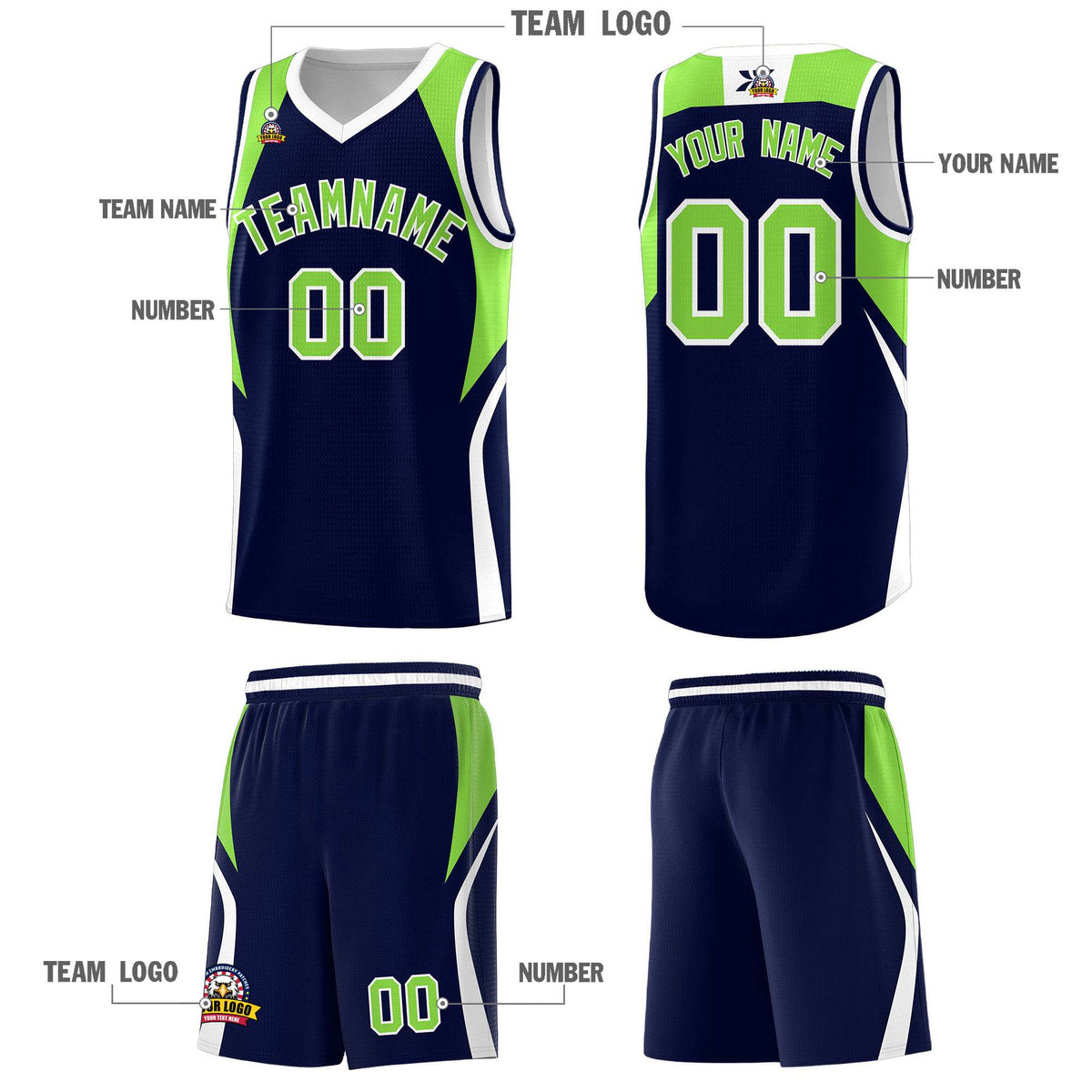 Custom Navy Neon Green and White Color Block Sports Uniform Basketball Jersey