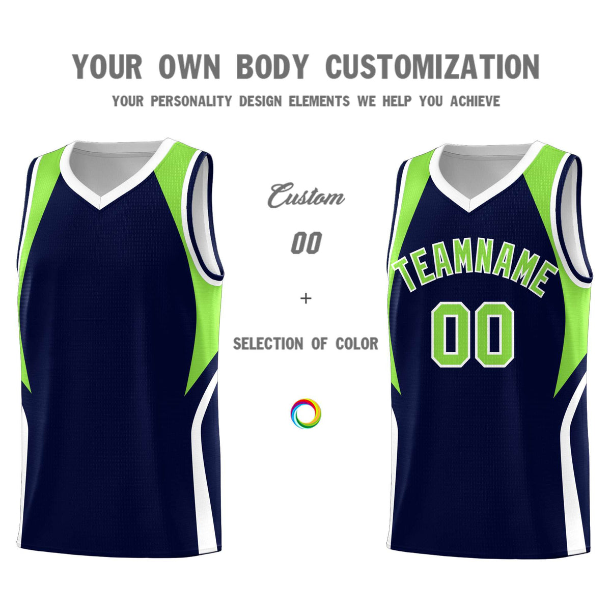 Custom Navy Neon Green and White Color Block Sports Uniform Basketball Jersey