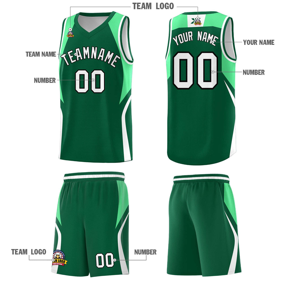 Custom Kelly Green Green and White Color Block Sports Uniform Basketball Jersey