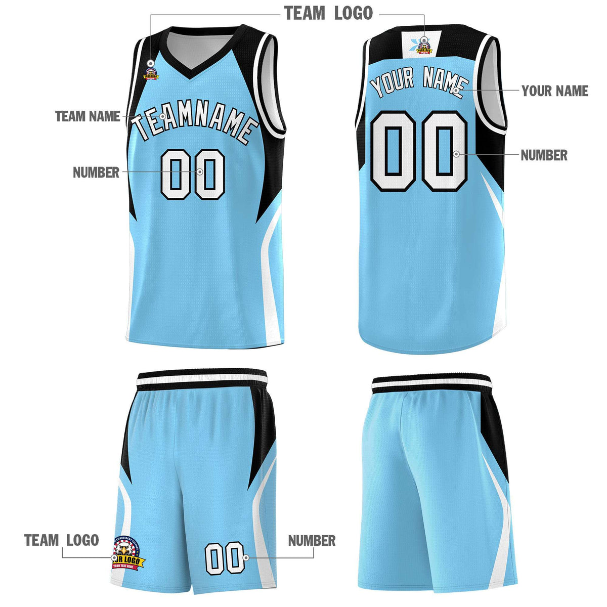 Custom Light Blue Black and White Color Block Sports Uniform Basketball Jersey