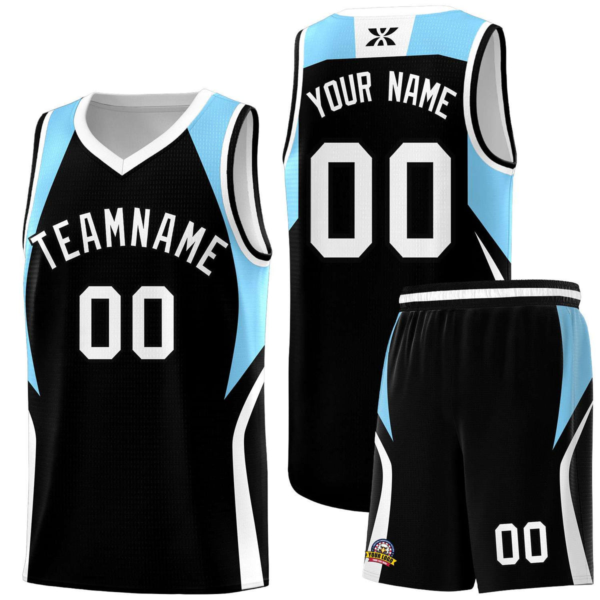 Custom Black Light Blue and White Color Block Sports Uniform Basketball Jersey