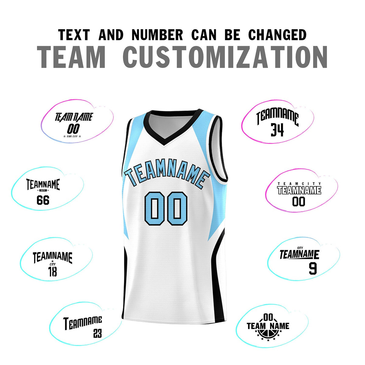 Custom White Light Blue and Black Color Block Sports Uniform Basketball Jersey