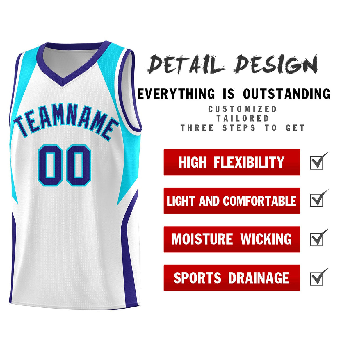 Custom White Sky Blue and Royal Color Block Sports Uniform Basketball Jersey
