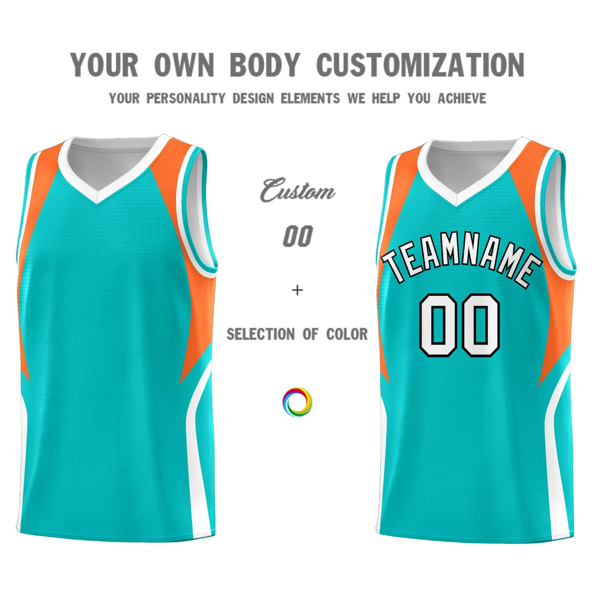Custom Aqua Orange and White Color Block Sports Uniform Basketball Jersey