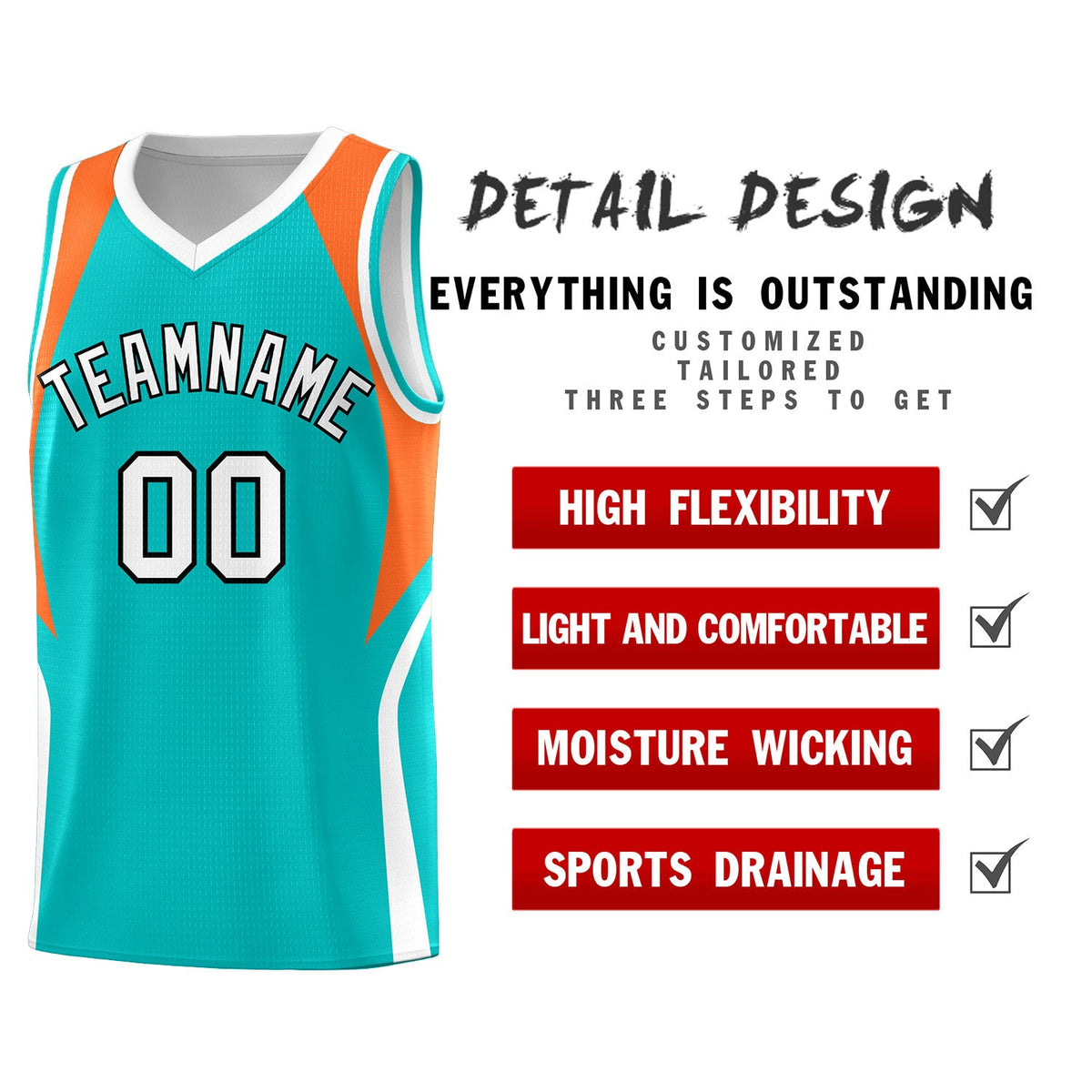 Custom Aqua Orange and White Color Block Sports Uniform Basketball Jersey