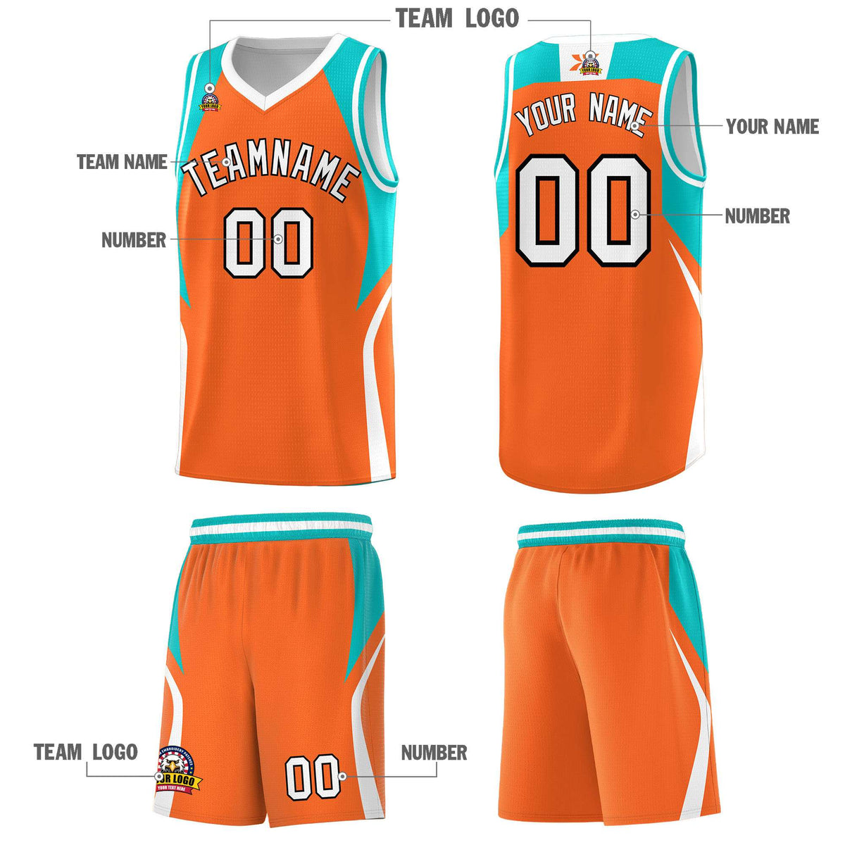 Custom Orange Aqua and White Color Block Sports Uniform Basketball Jersey