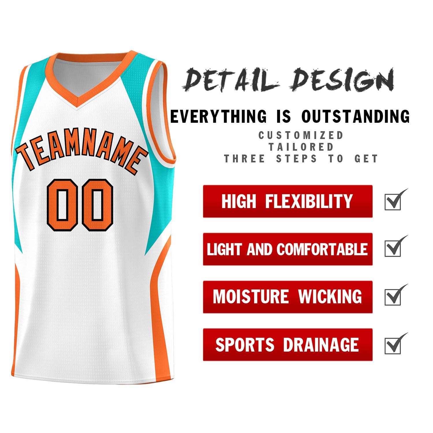 Custom White Aqua and Orange Color Block Sports Uniform Basketball Jersey