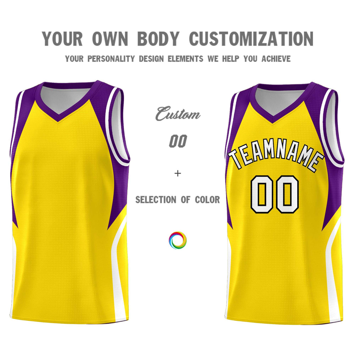 Custom Gold Purple and White Color Block Sports Uniform Basketball Jersey
