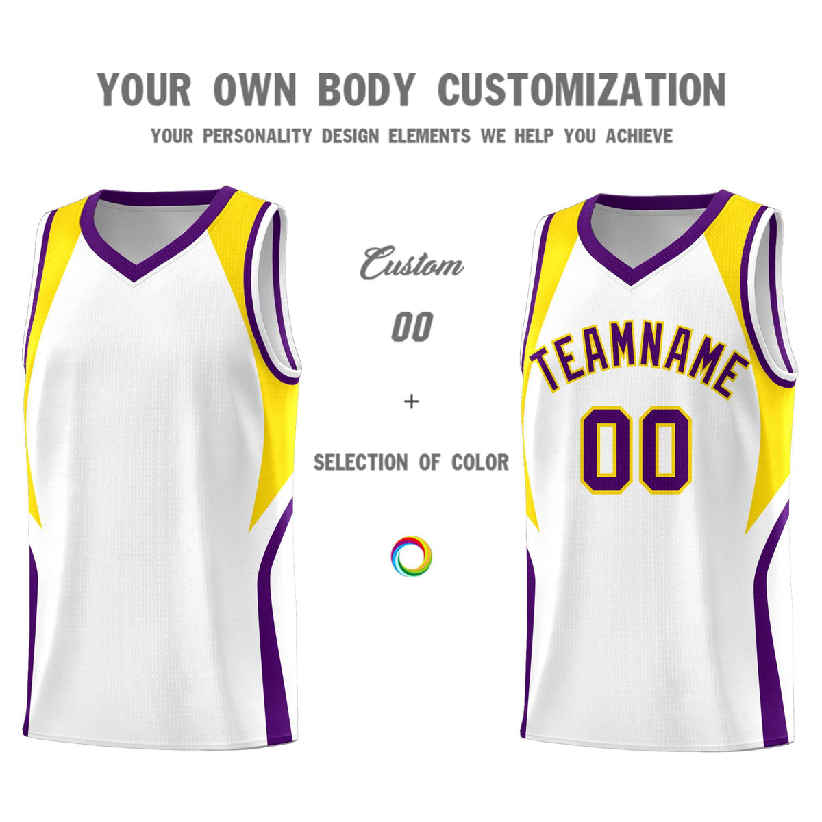 Custom White Gold and Purple Color Block Sports Uniform Basketball Jersey