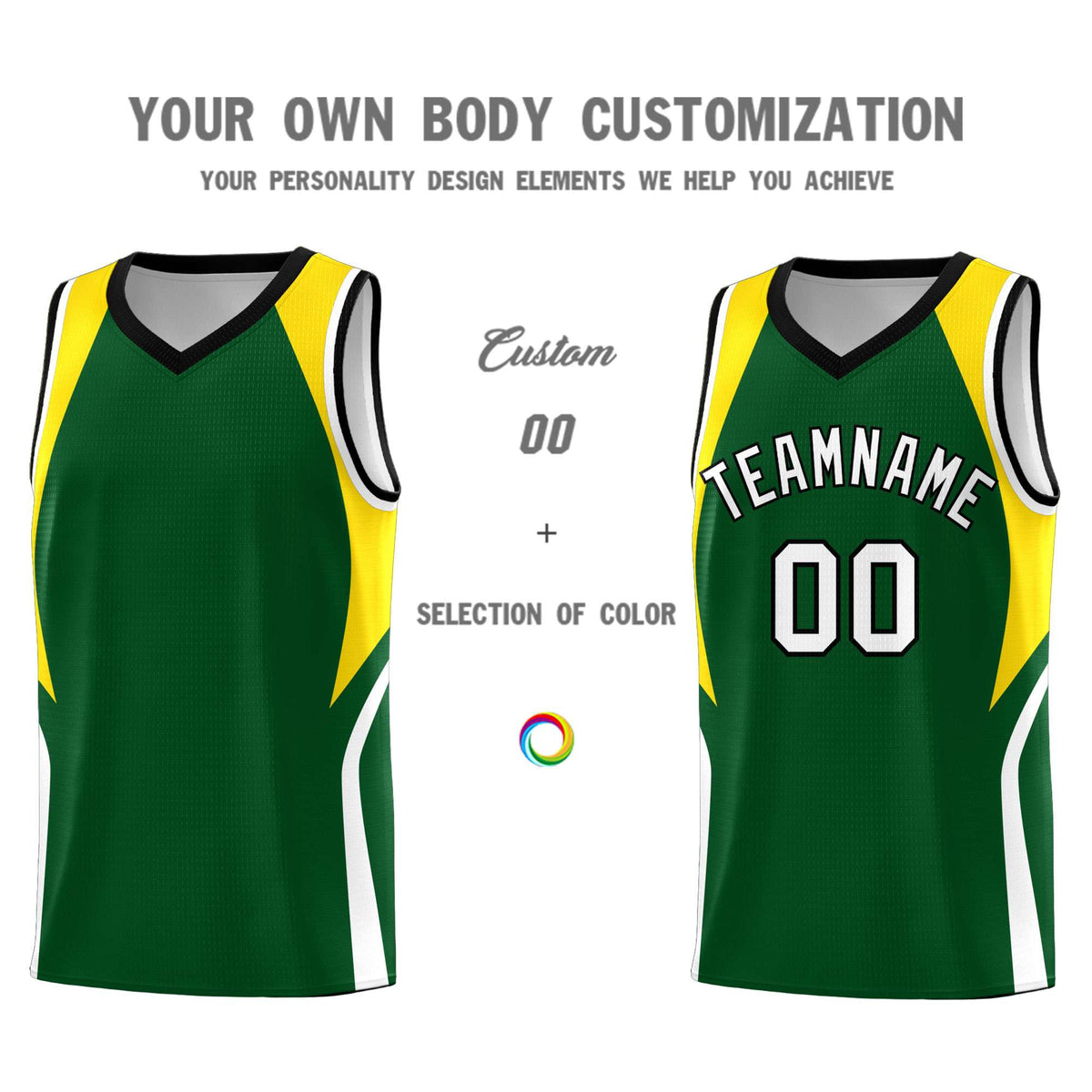 Custom Hunter Green Gold and White Color Block Sports Uniform Basketball Jersey