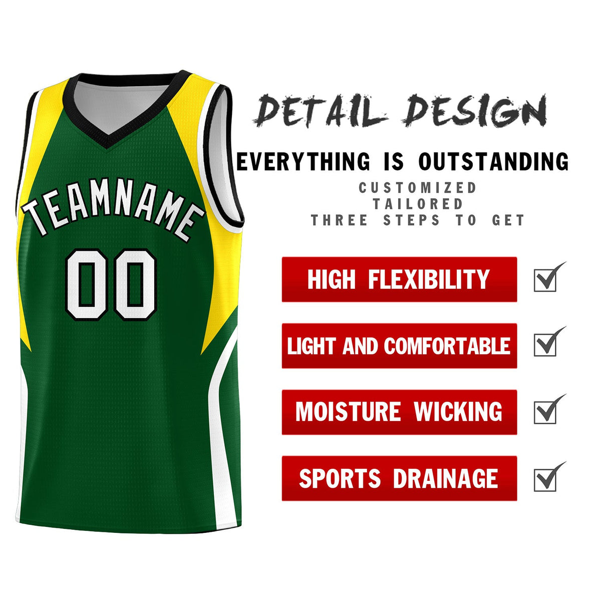 Custom Hunter Green Gold and White Color Block Sports Uniform Basketball Jersey