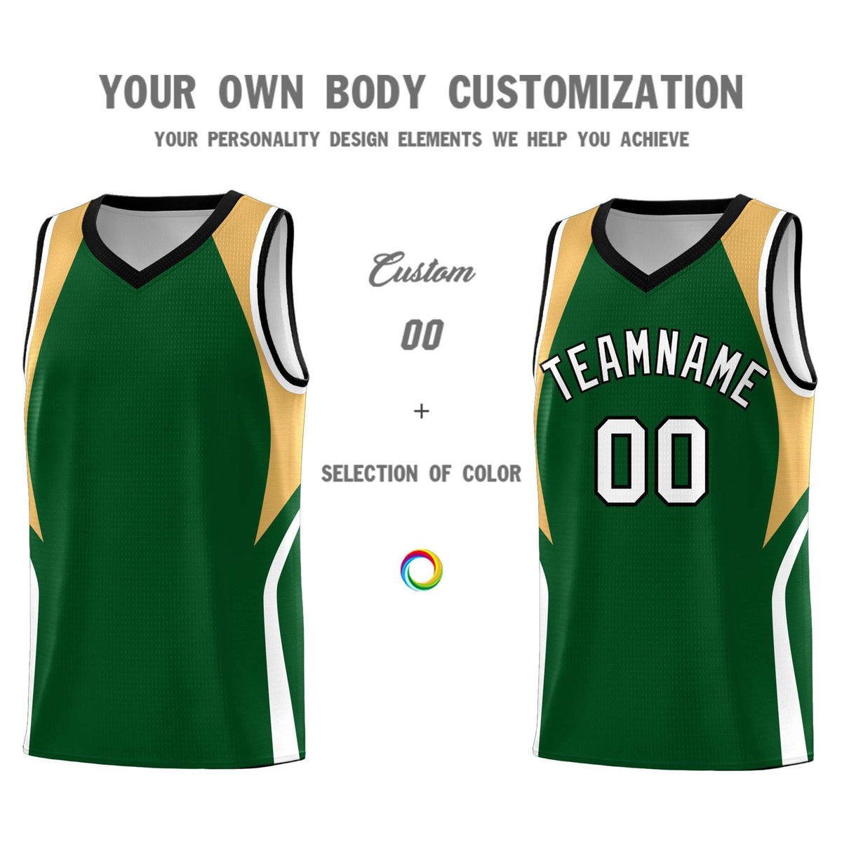 Custom Green Buckskin Brown and White Color Block Sports Uniform Basketball Jersey