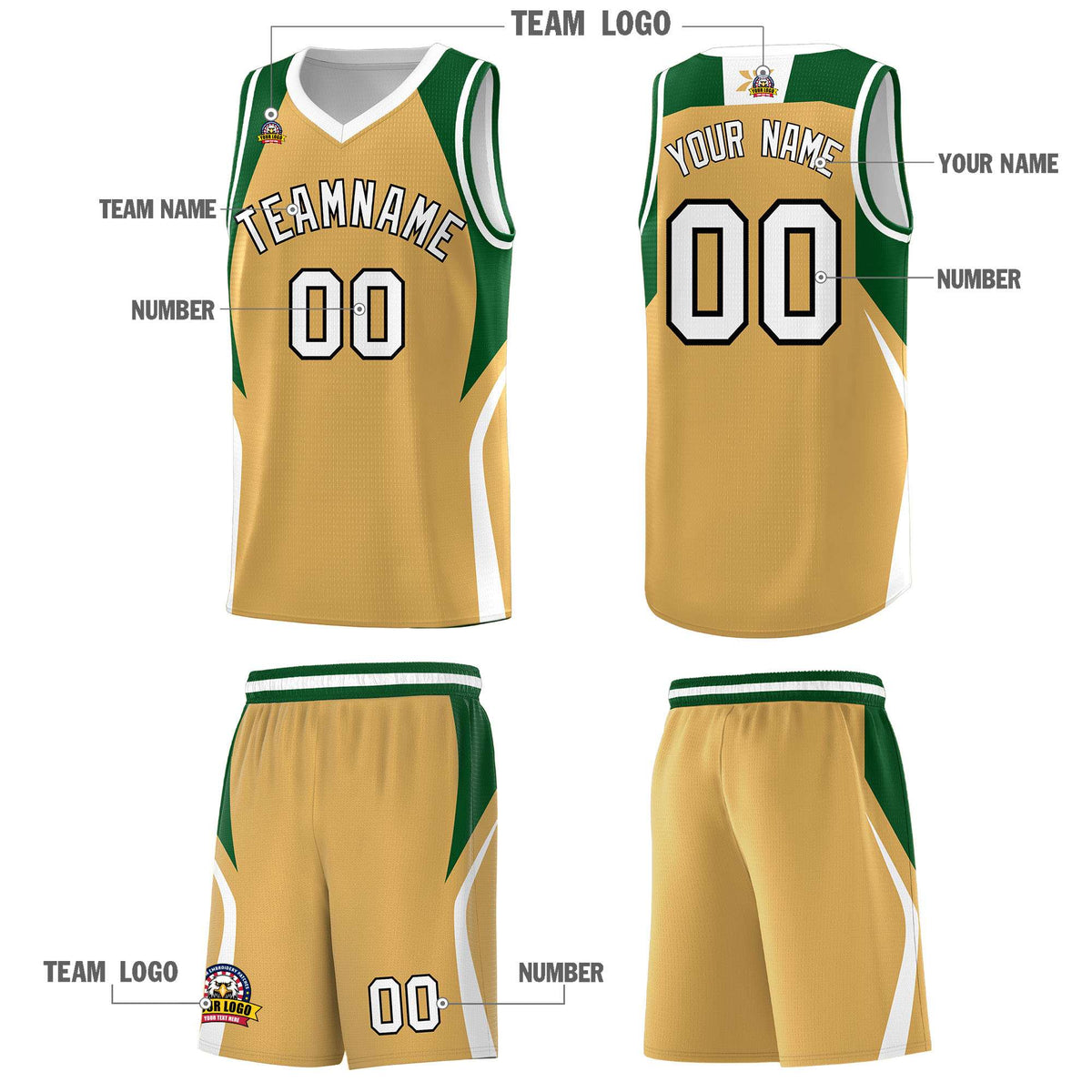 Custom Buckskin Brown Green and White Color Block Sports Uniform Basketball Jersey