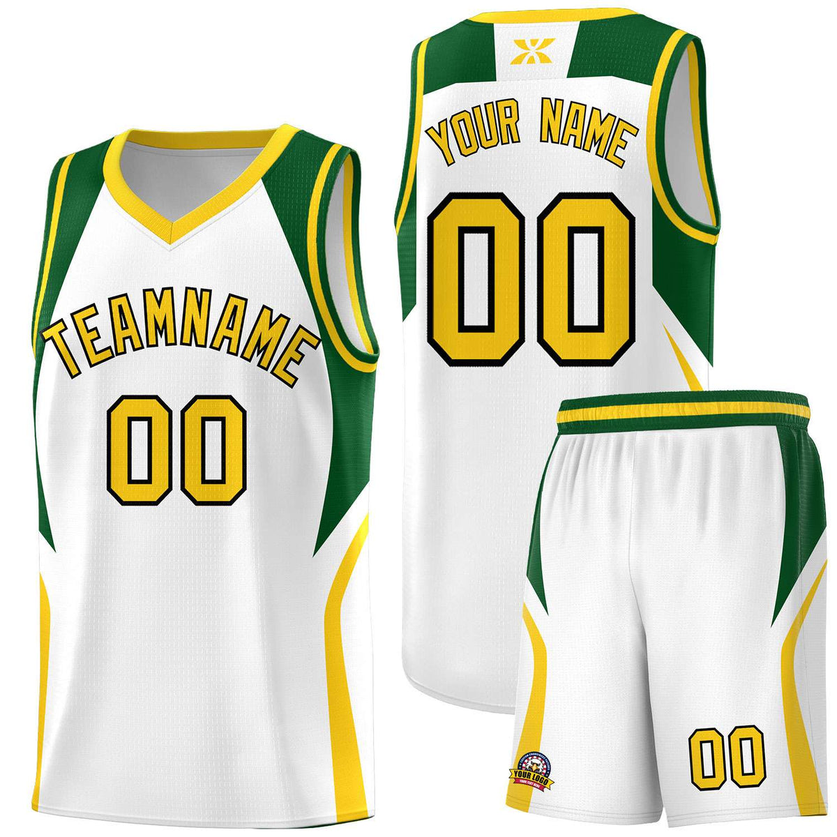 Custom White Hunter Green and Gold Color Block Sports Uniform Basketball Jersey