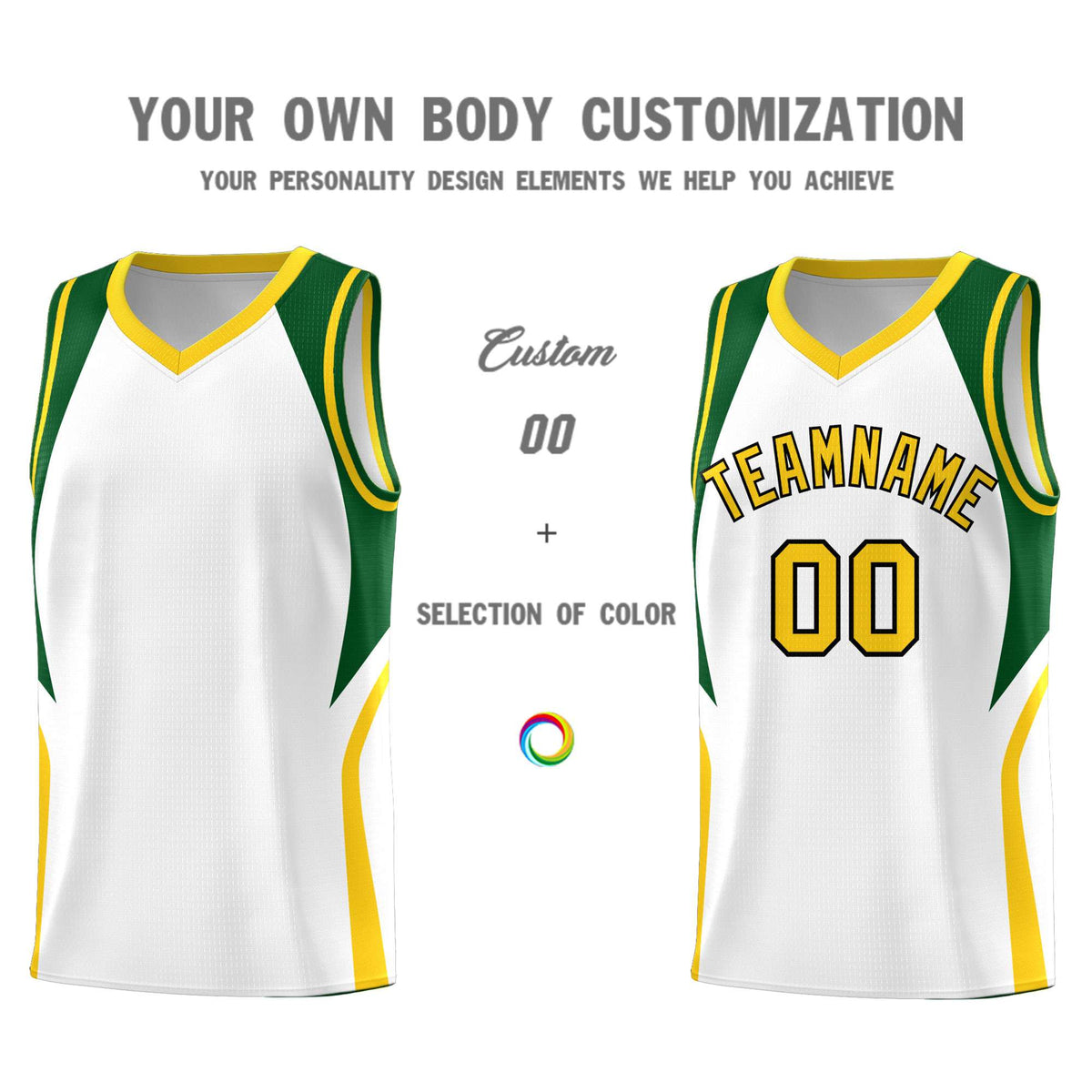 Custom White Hunter Green and Gold Color Block Sports Uniform Basketball Jersey