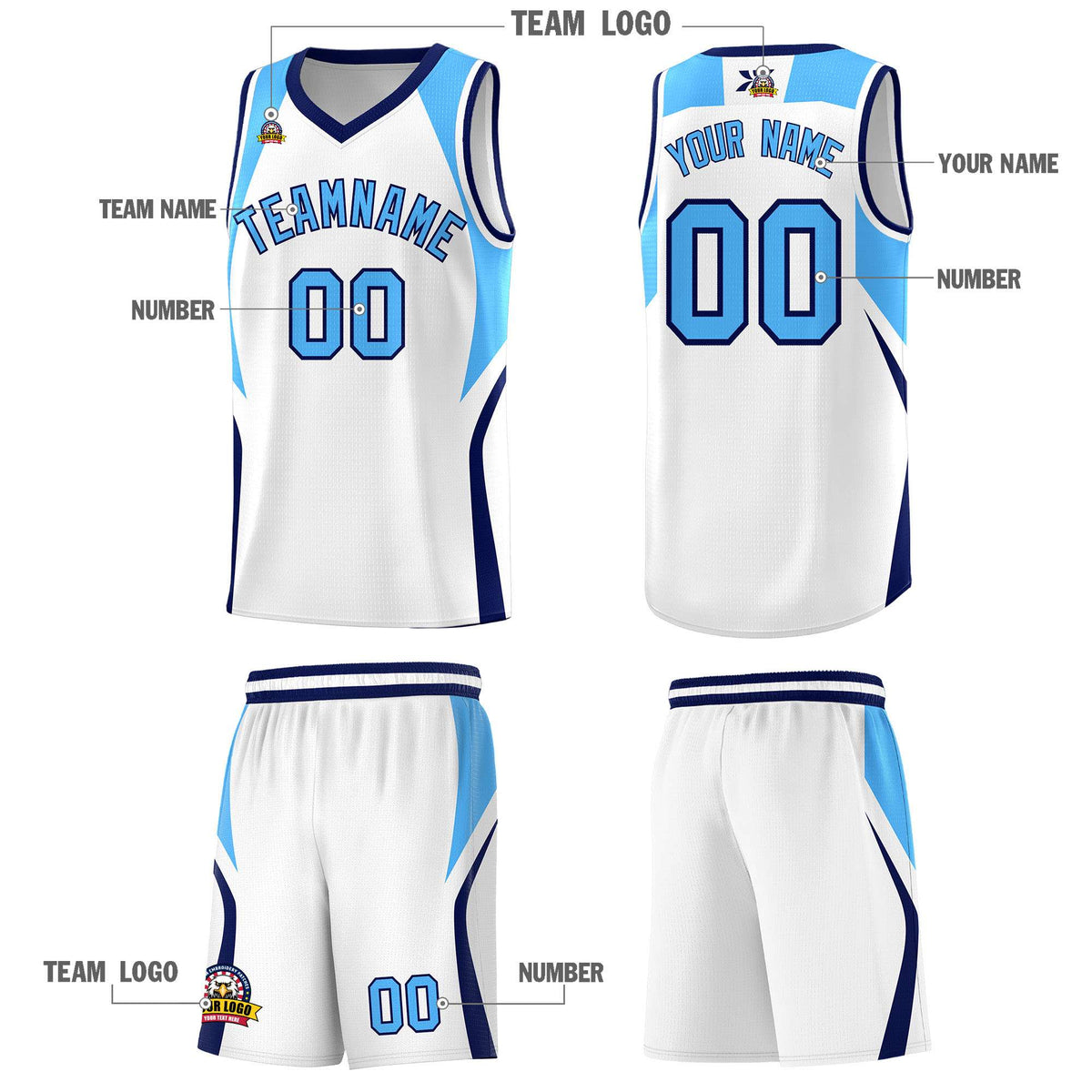 Custom White Powder Blue and Navy Color Block Sports Uniform Basketball Jersey