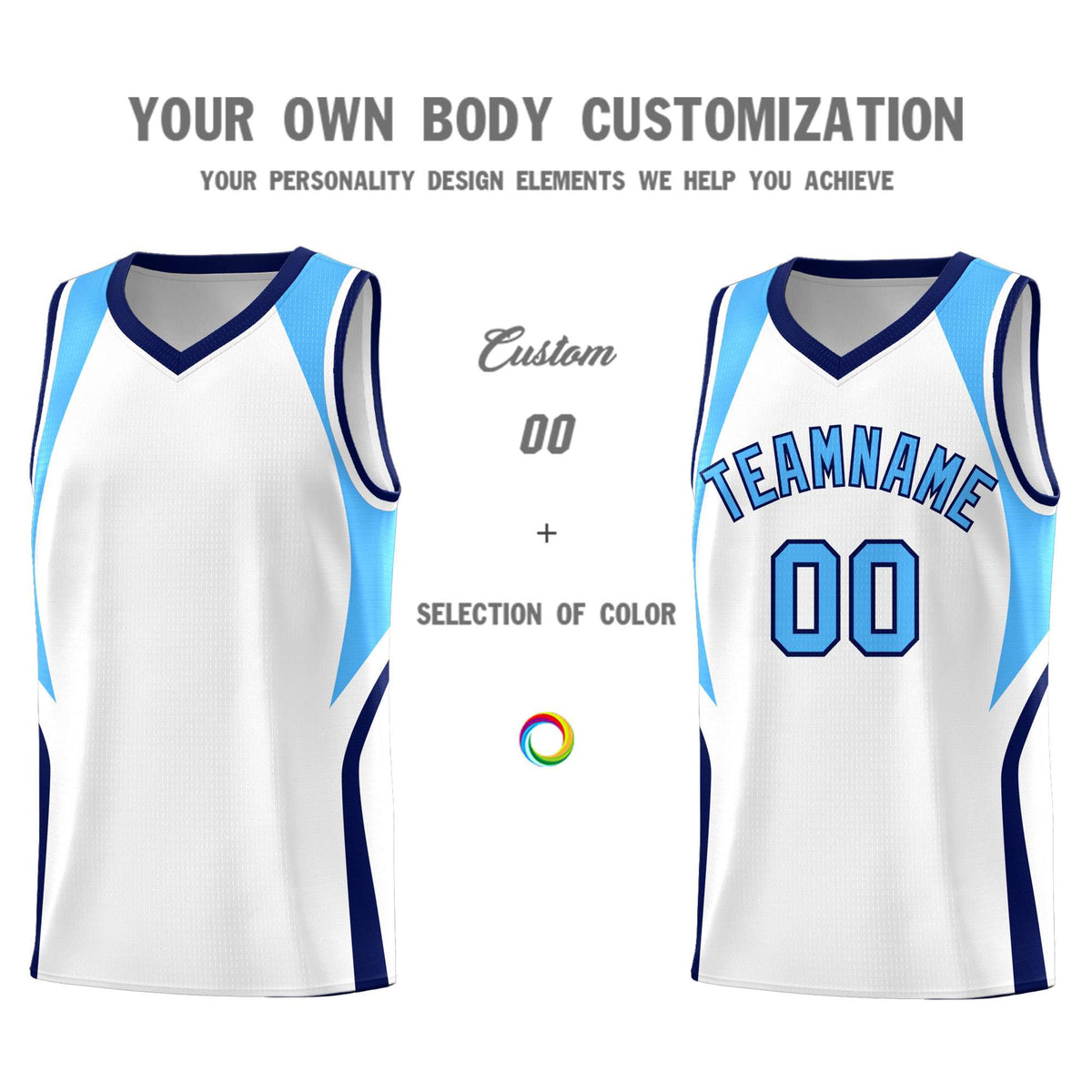 Custom White Powder Blue and Navy Color Block Sports Uniform Basketball Jersey