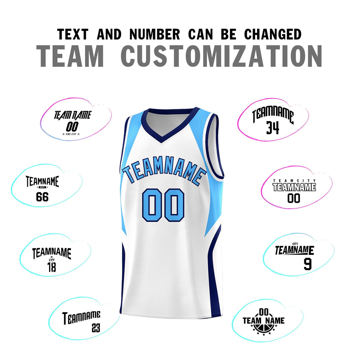Custom White Powder Blue and Navy Color Block Sports Uniform Basketball Jersey