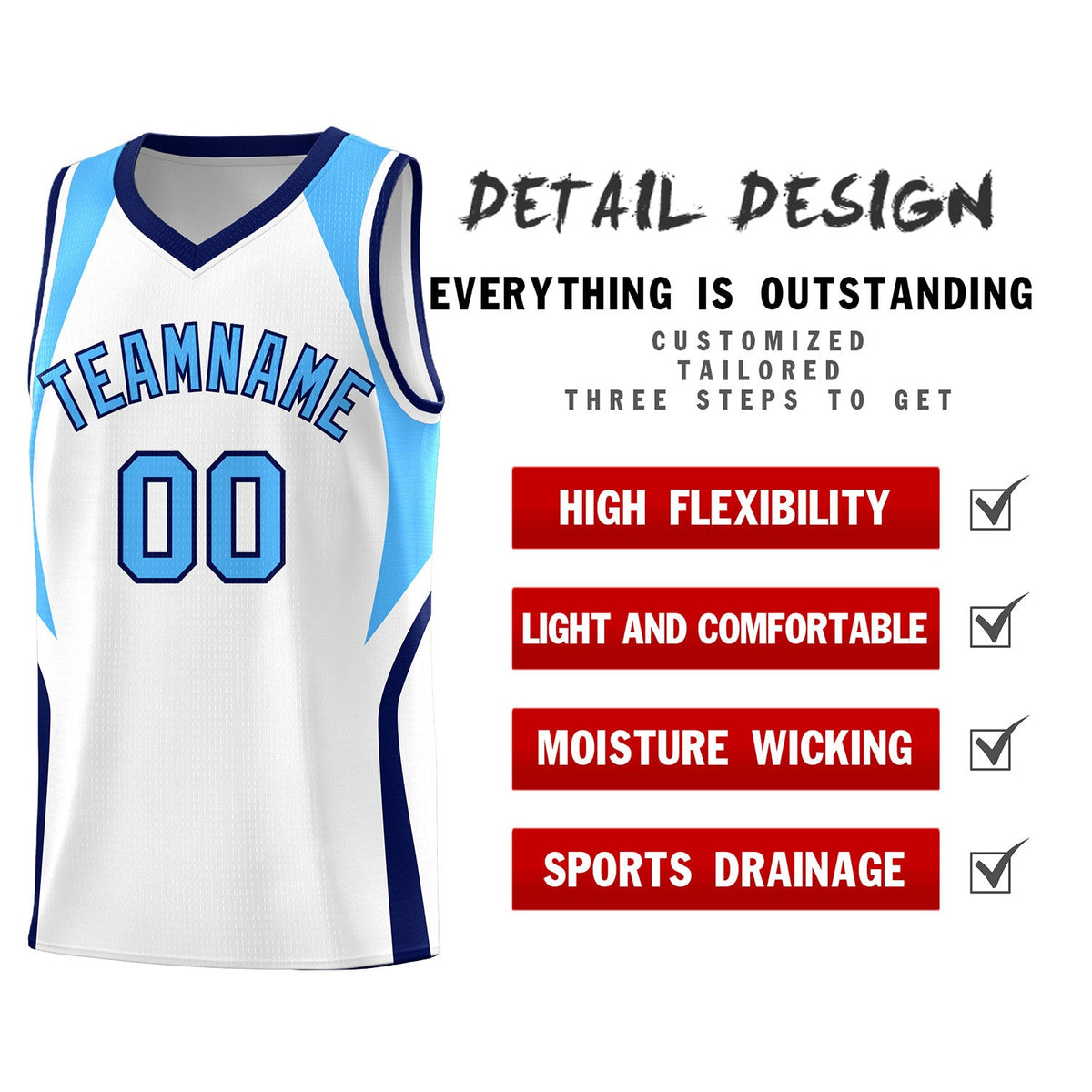 Custom White Powder Blue and Navy Color Block Sports Uniform Basketball Jersey