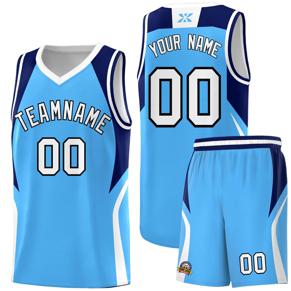 Custom Powder Blue Navy and White Color Block Sports Uniform Basketball Jersey