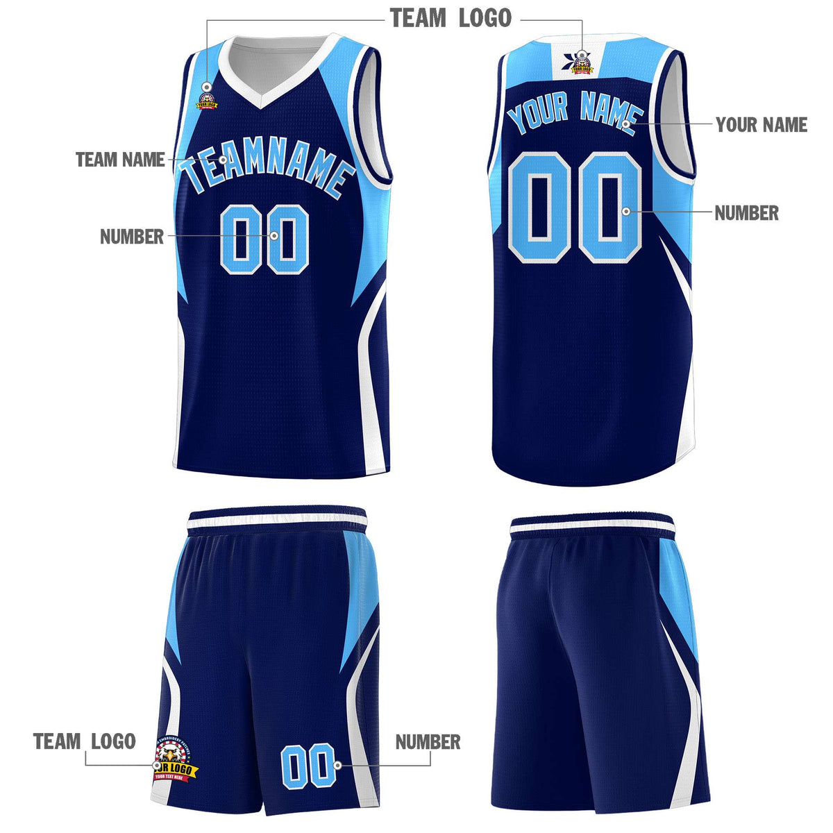 Custom Navy Powder Blue and White Color Block Sports Uniform Basketball Jersey