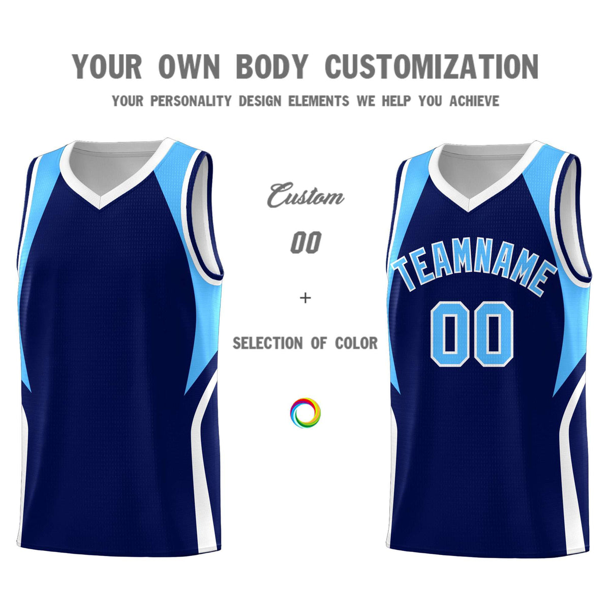 Custom Navy Powder Blue and White Color Block Sports Uniform Basketball Jersey