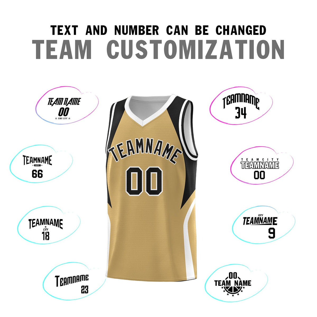 Custom Old Gold Black and White Color Block Sports Uniform Basketball Jersey