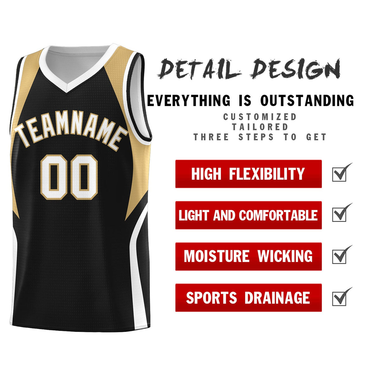 Custom Black Old Gold and White Color Block Sports Uniform Basketball Jersey