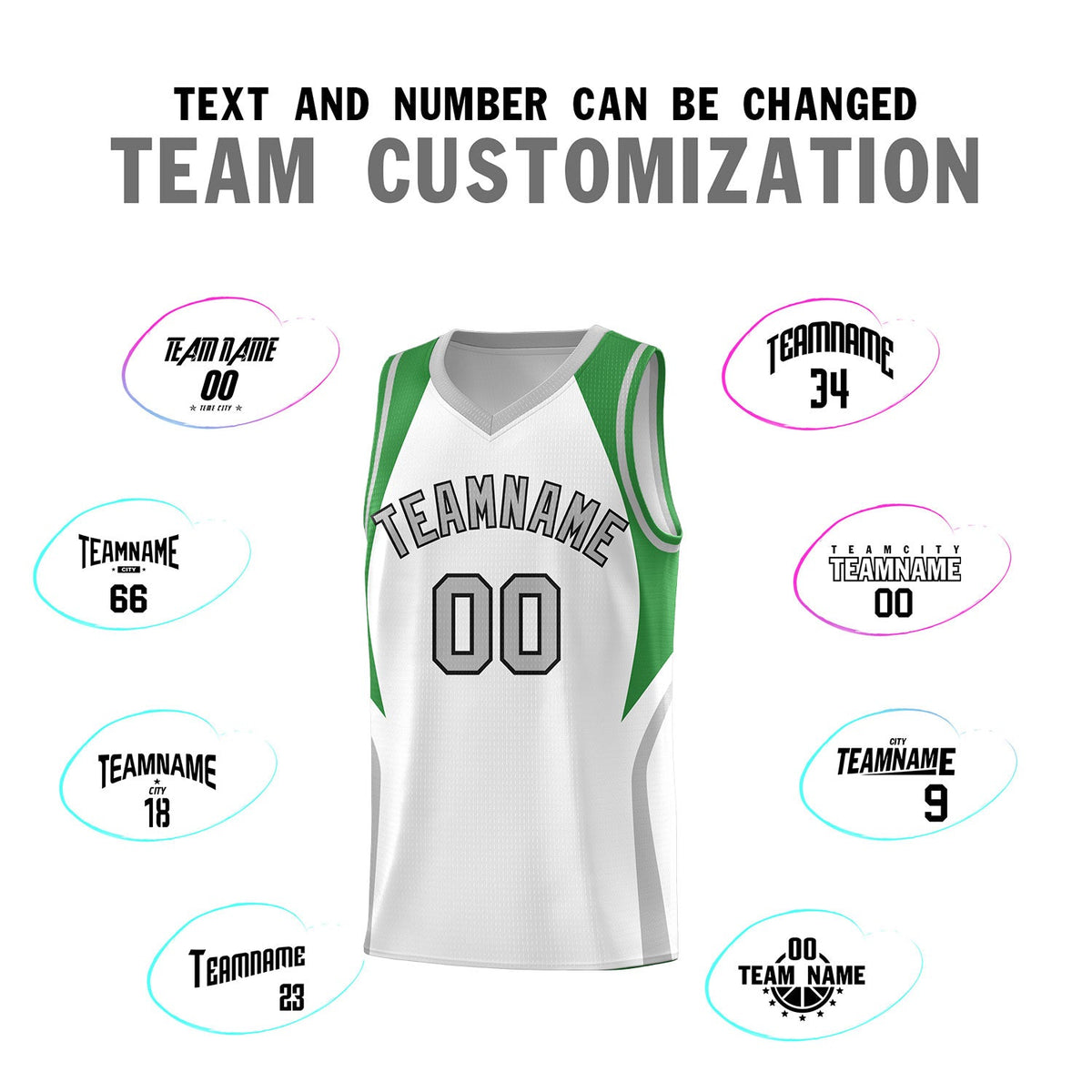 Custom White Green and Gray Color Block Sports Uniform Basketball Jersey
