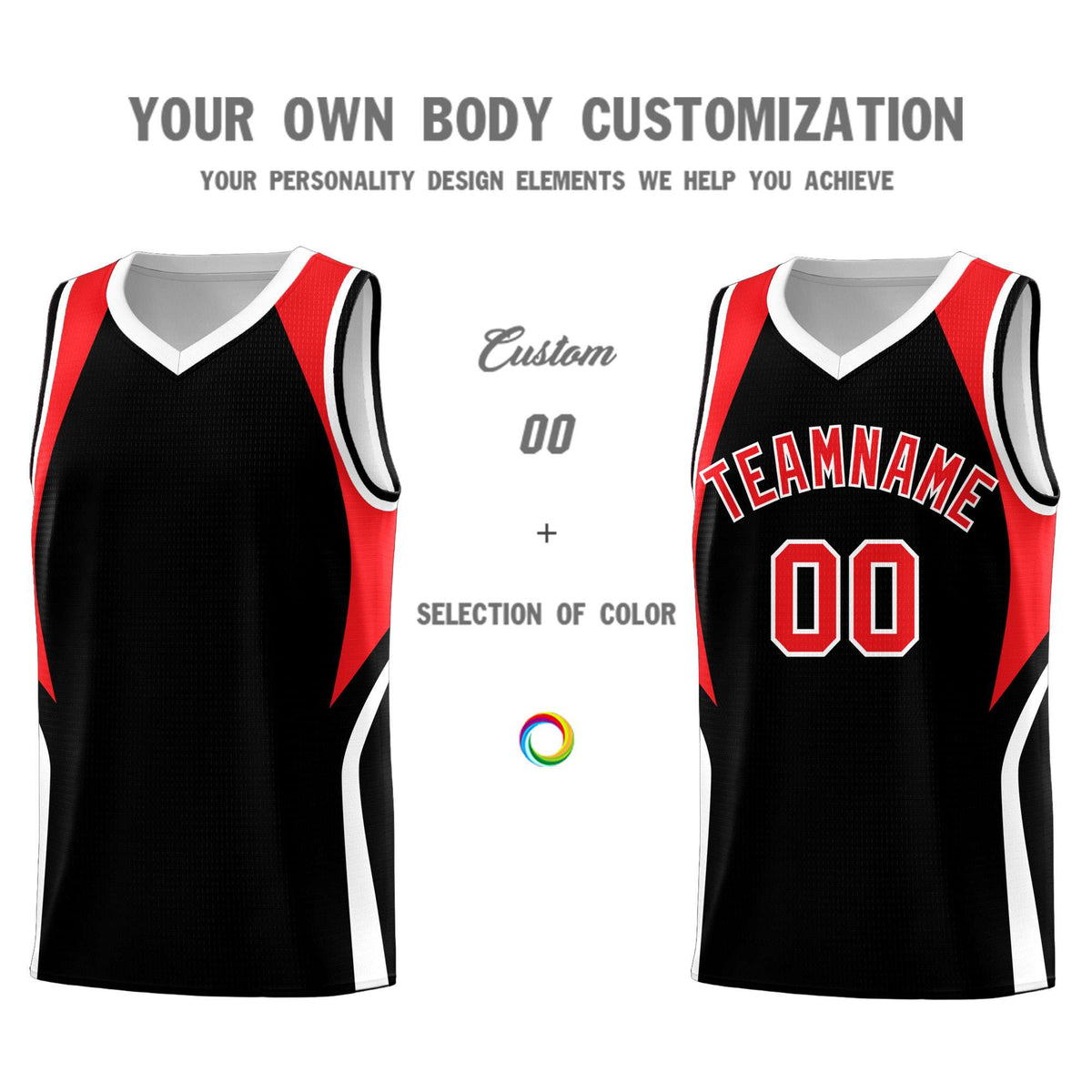 Custom Black Red and White Color Block Sports Uniform Basketball Jersey