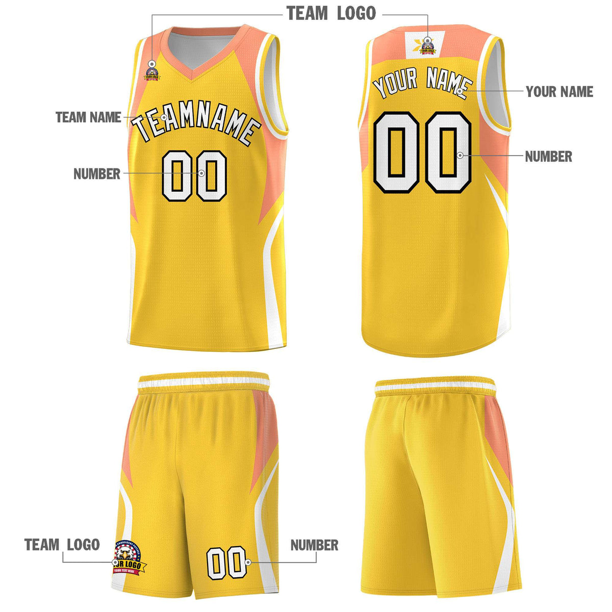 Custom Gold Orange and White Color Block Sports Uniform Basketball Jersey