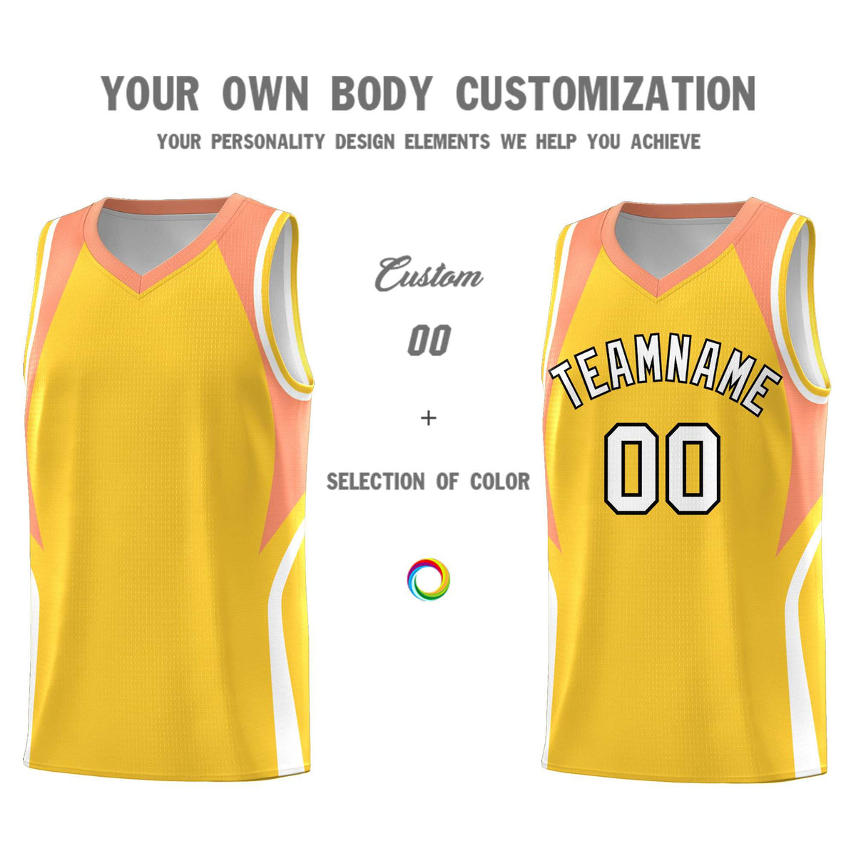 Custom Gold Orange and White Color Block Sports Uniform Basketball Jersey