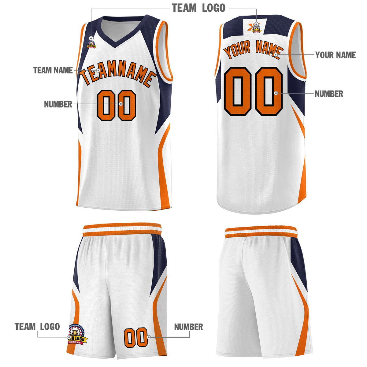 Custom White Navy and Orange Color Block Sports Uniform Basketball Jersey