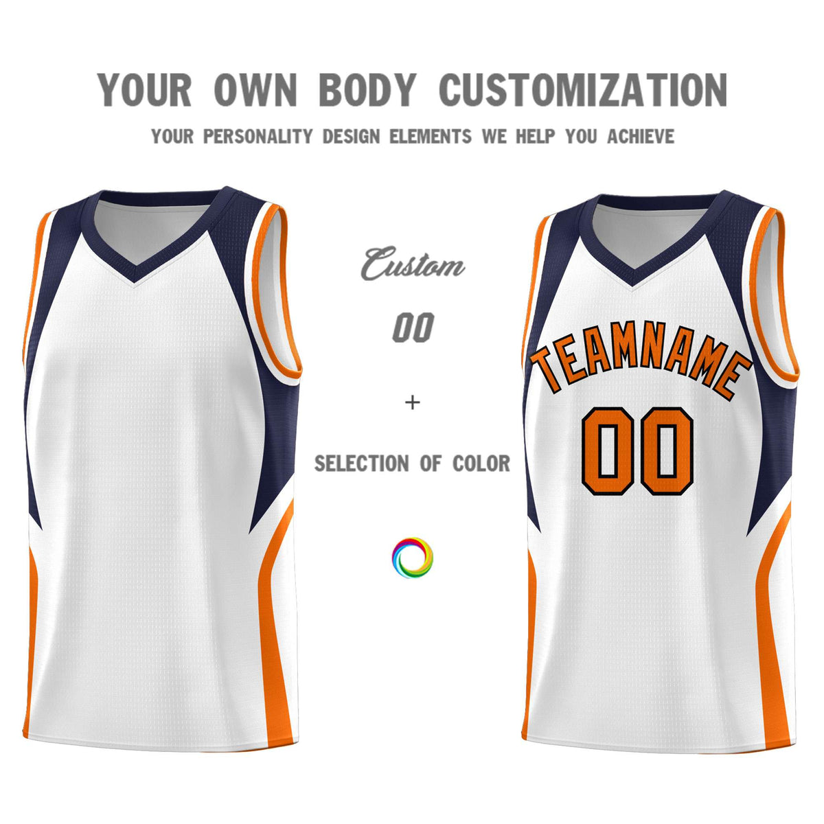 Custom White Navy and Orange Color Block Sports Uniform Basketball Jersey